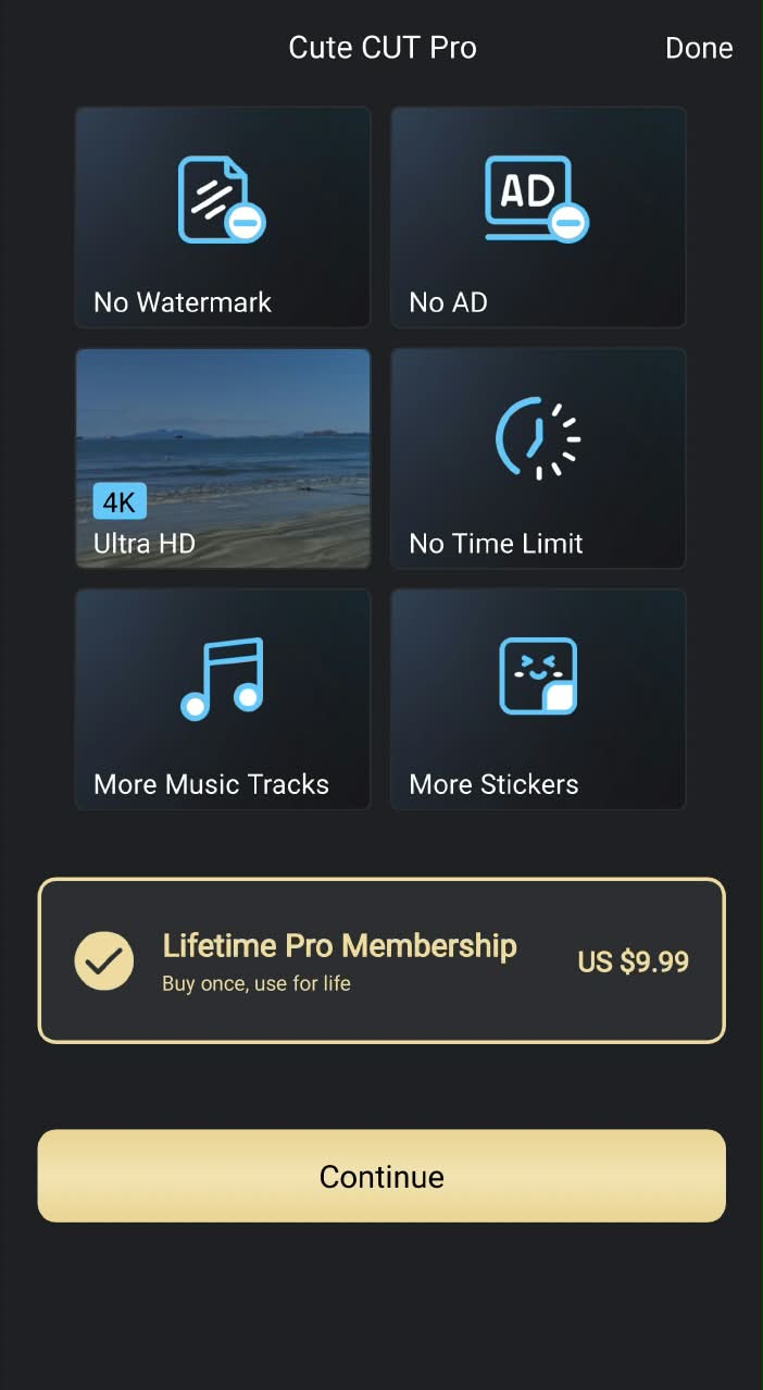 Cute Cut Pro in-app upgrade screen showing No Watermark, No AD, Ultra HD 4K, No Time Limit, More Music Tracks and More Stickers with the Lifetime Pro Membership plan